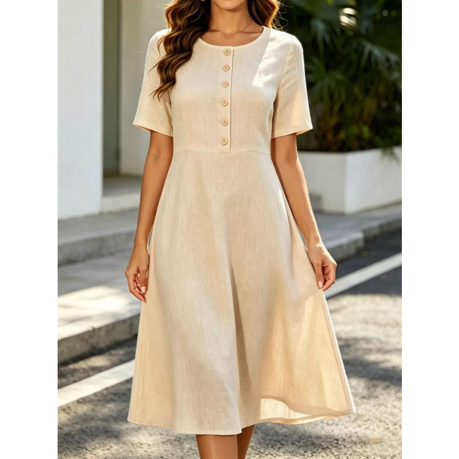 Button Detail A-Line Midi Dress Tan / S Apparel and Accessories