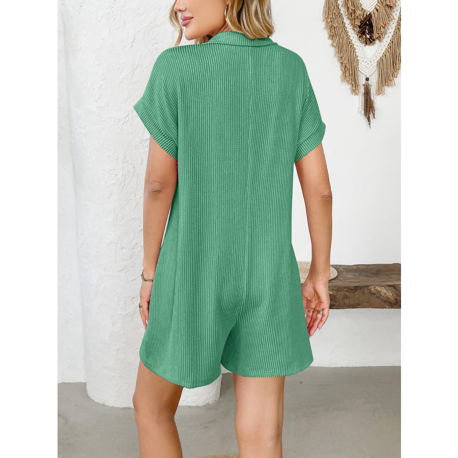 Button Detail Collared Neck Short Sleeve Romper Apparel and Accessories