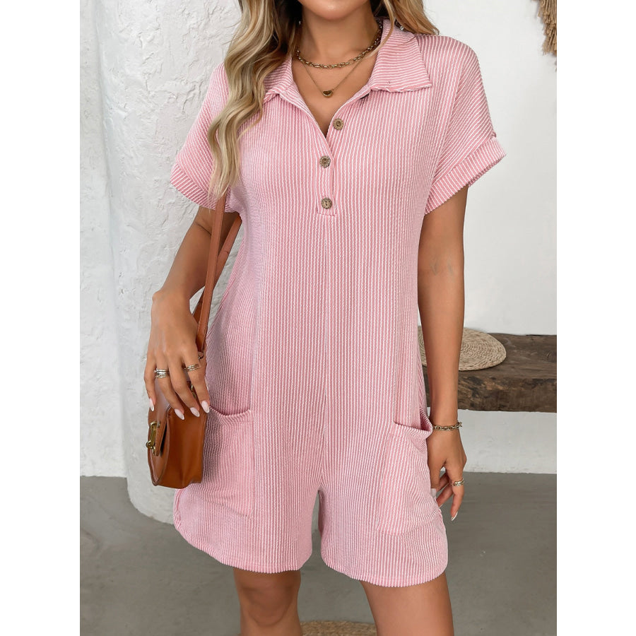 Button Detail Collared Neck Short Sleeve Romper Apparel and Accessories