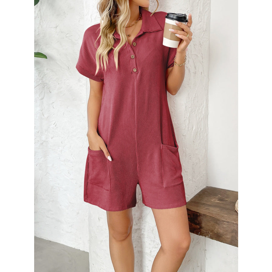 Button Detail Collared Neck Short Sleeve Romper Apparel and Accessories