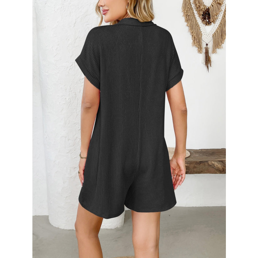 Button Detail Collared Neck Short Sleeve Romper Apparel and Accessories