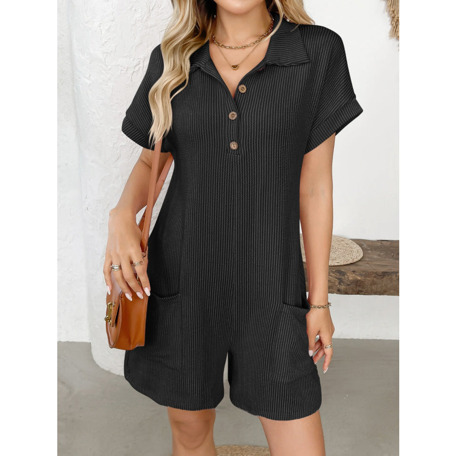 Button Detail Collared Neck Short Sleeve Romper Apparel and Accessories