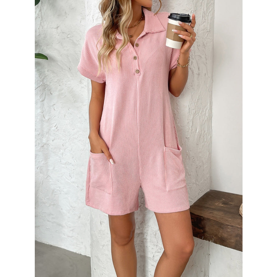 Button Detail Collared Neck Short Sleeve Romper Apparel and Accessories