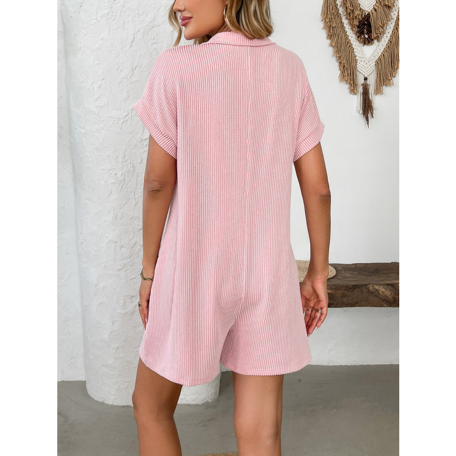 Button Detail Collared Neck Short Sleeve Romper Apparel and Accessories