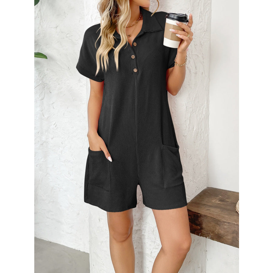 Button Detail Collared Neck Short Sleeve Romper Black / S Apparel and Accessories