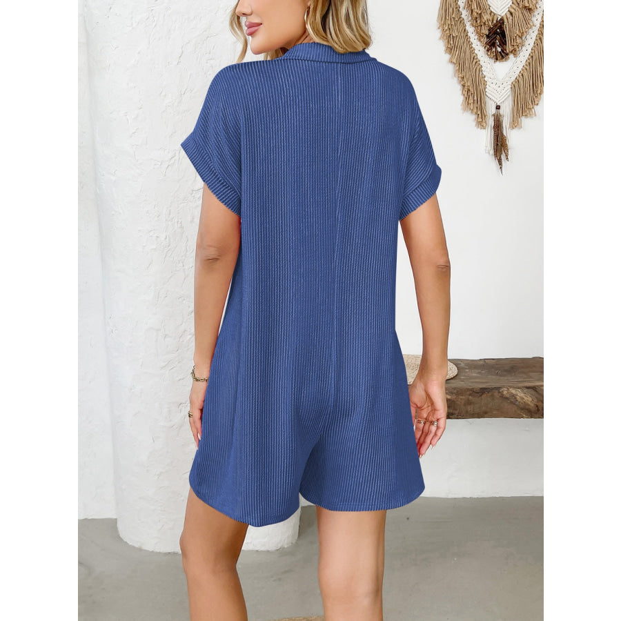 Button Detail Collared Neck Short Sleeve Romper Dark Blue / S Apparel and Accessories