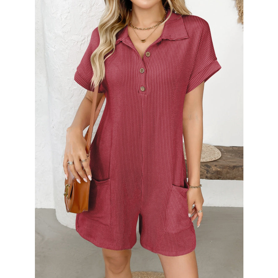 Button Detail Collared Neck Short Sleeve Romper Scarlet / S Apparel and Accessories