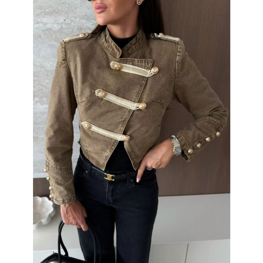 Button Detail Cropped Denim Jacket Khaki / S Apparel and Accessories