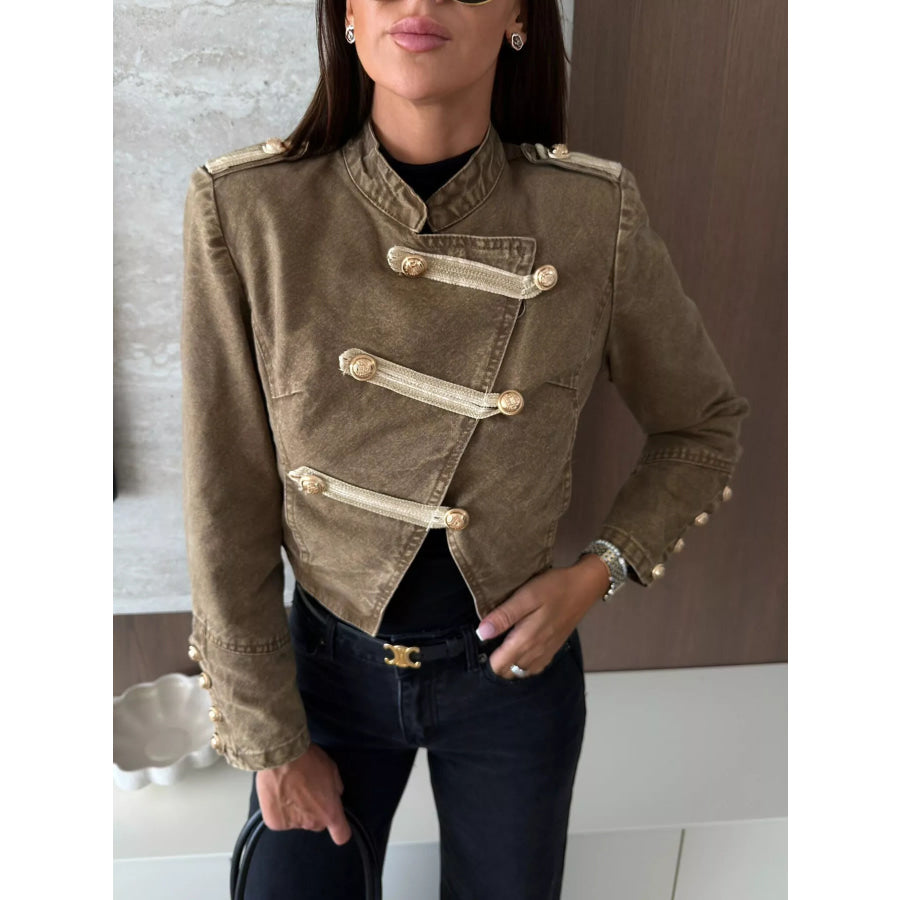 Button Detail Cropped Denim Jacket Khaki / S Apparel and Accessories