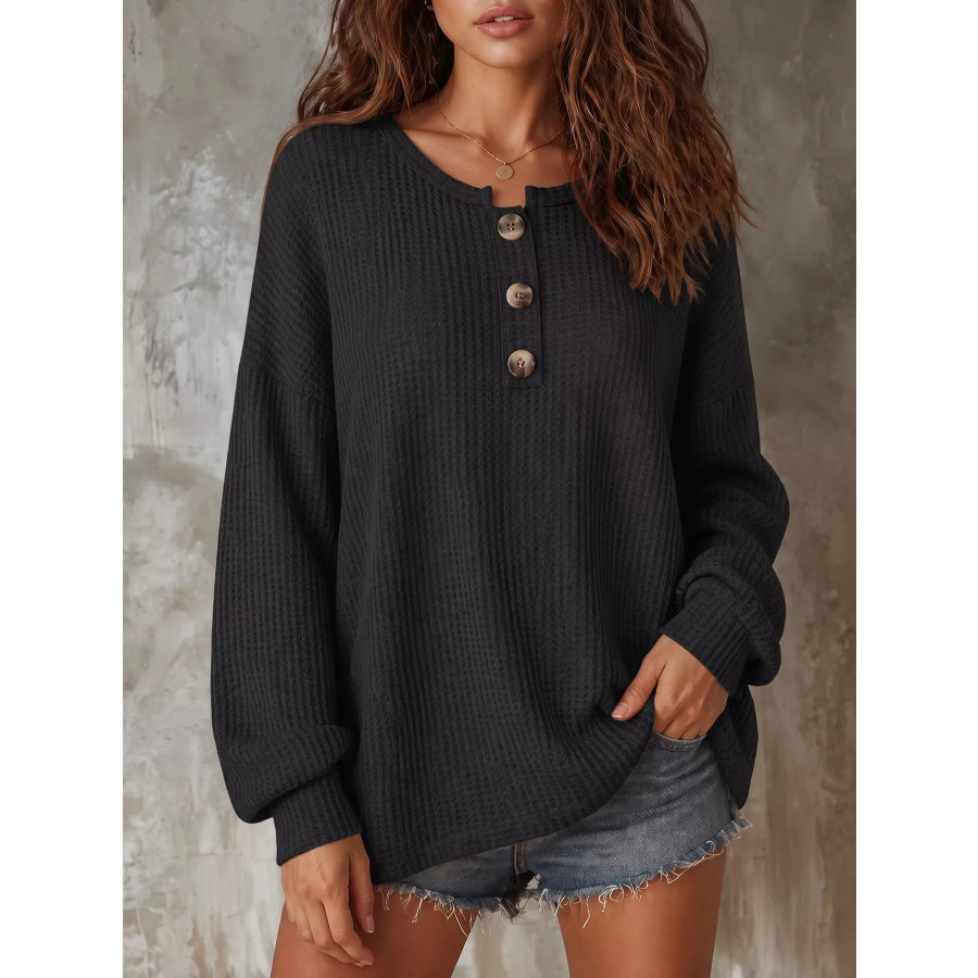 Button Detail Dropped Shoulder Knit Top Apparel and Accessories