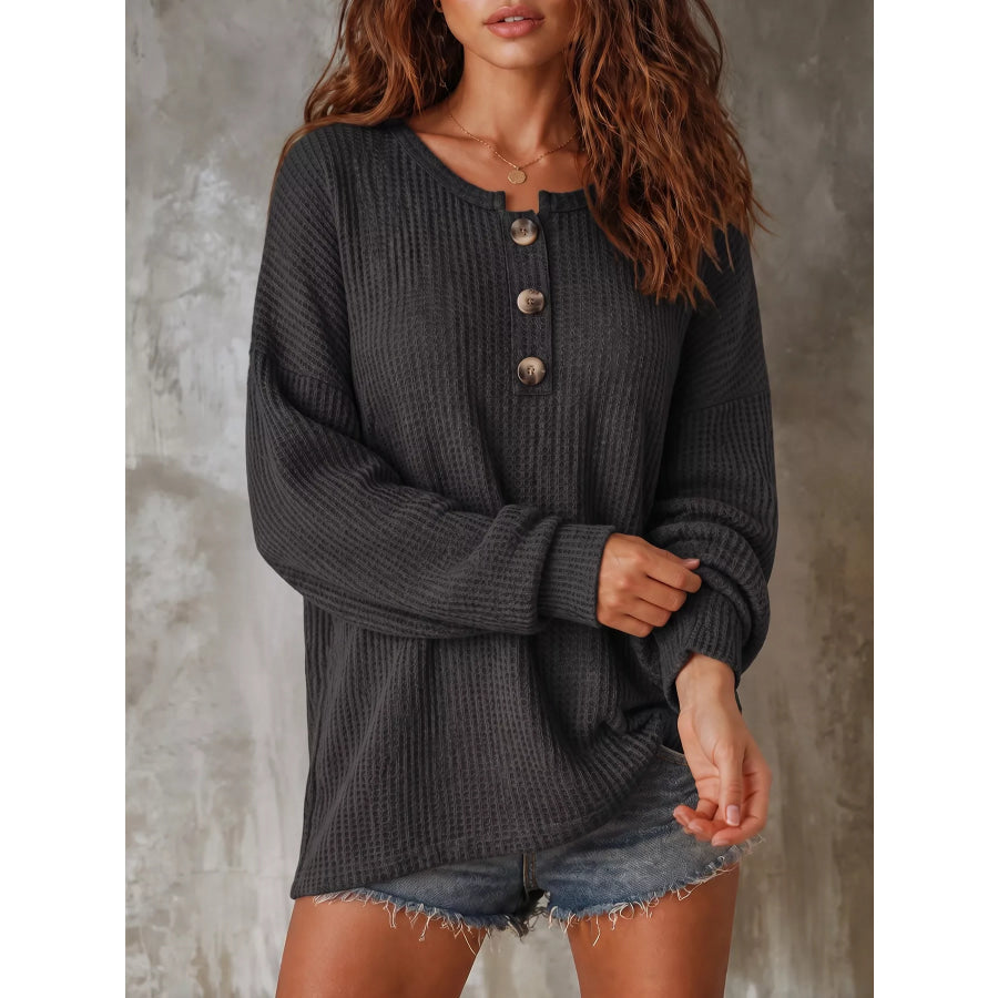 Button Detail Dropped Shoulder Knit Top Apparel and Accessories