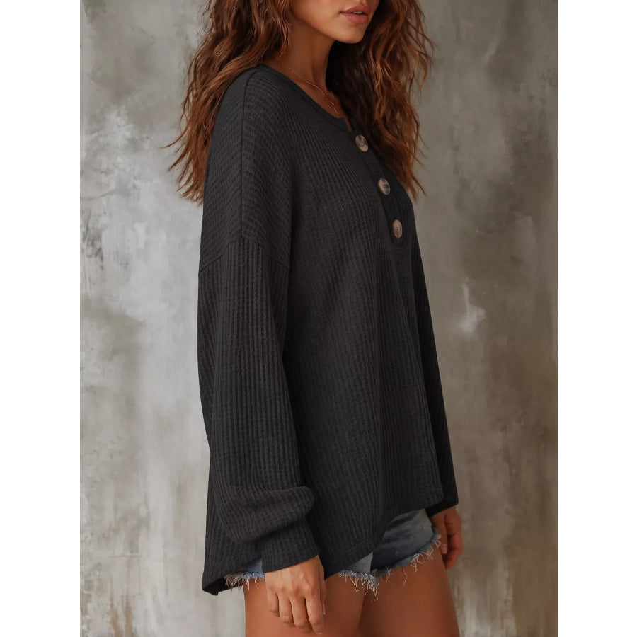 Button Detail Dropped Shoulder Knit Top Apparel and Accessories