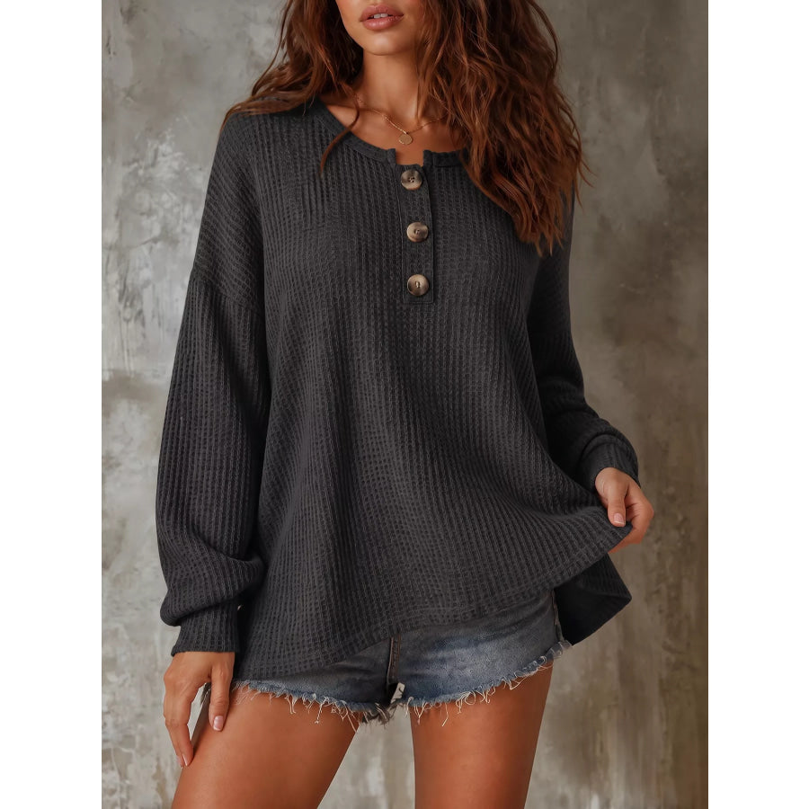 Button Detail Dropped Shoulder Knit Top Black / S Apparel and Accessories