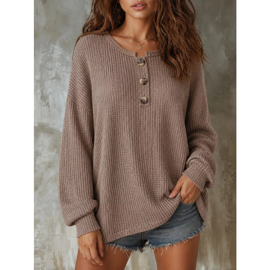 Button Detail Dropped Shoulder Knit Top Taupe / S Apparel and Accessories