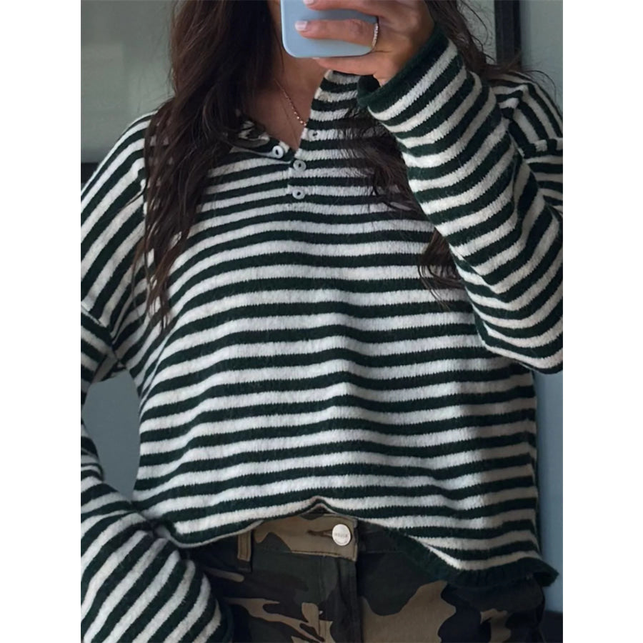 Button Detail Dropped Shoulder Striped Sweater Apparel and Accessories