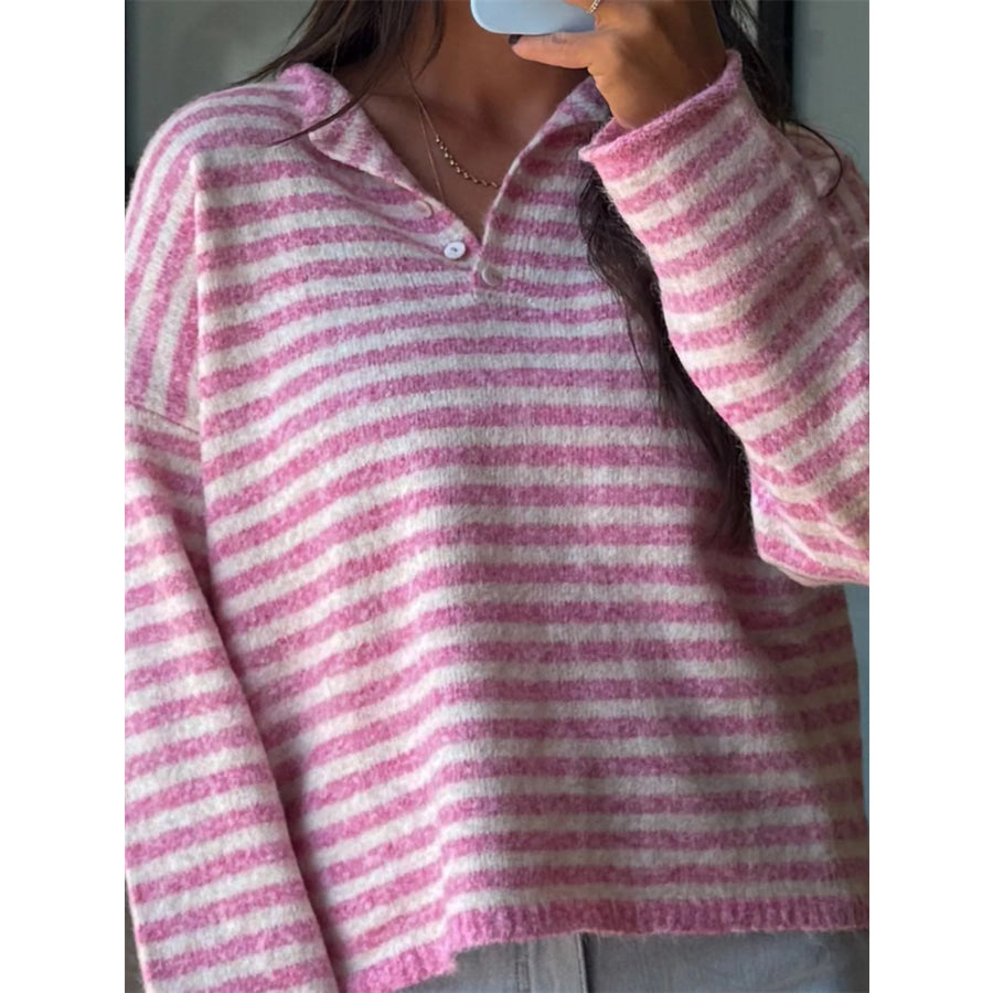 Button Detail Dropped Shoulder Striped Sweater Apparel and Accessories