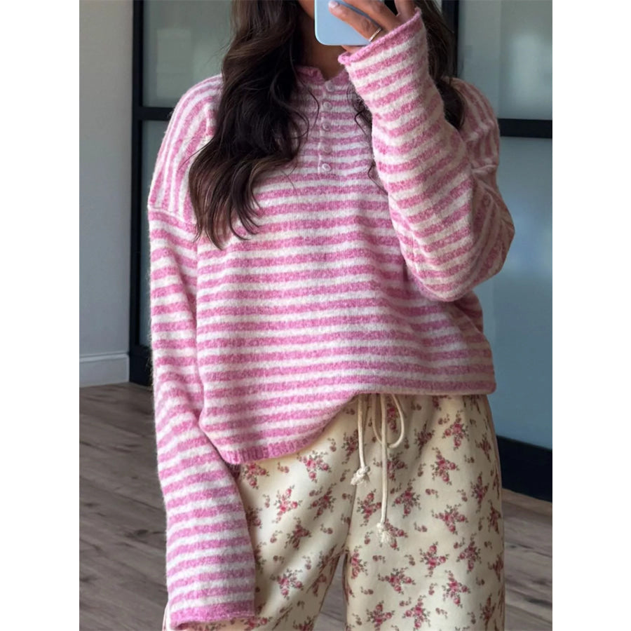 Button Detail Dropped Shoulder Striped Sweater Apparel and Accessories