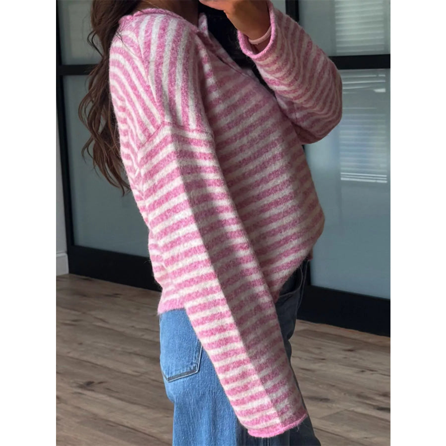 Button Detail Dropped Shoulder Striped Sweater Apparel and Accessories