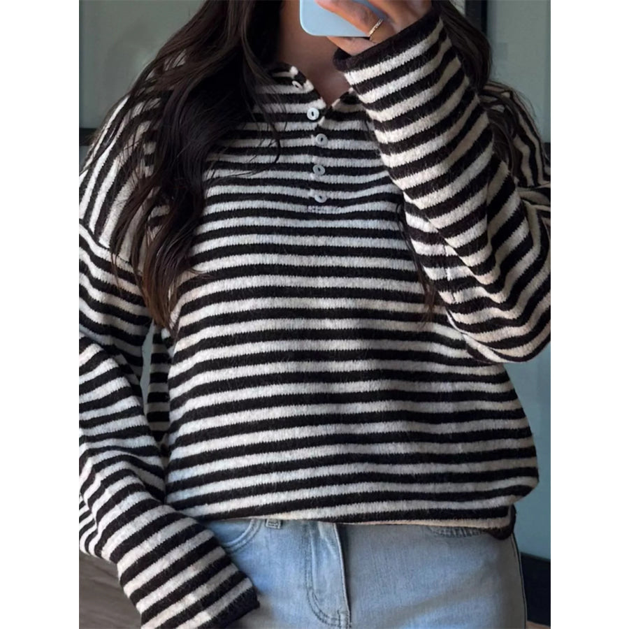 Button Detail Dropped Shoulder Striped Sweater Apparel and Accessories