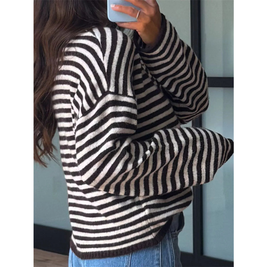 Button Detail Dropped Shoulder Striped Sweater Apparel and Accessories
