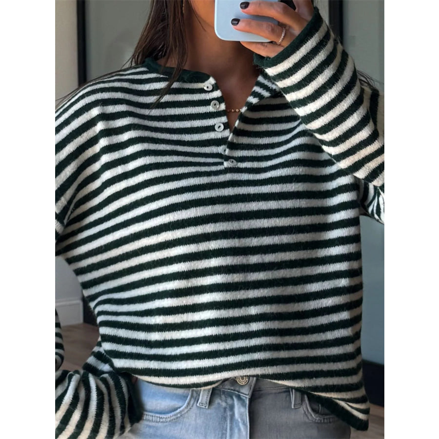 Button Detail Dropped Shoulder Striped Sweater Apparel and Accessories