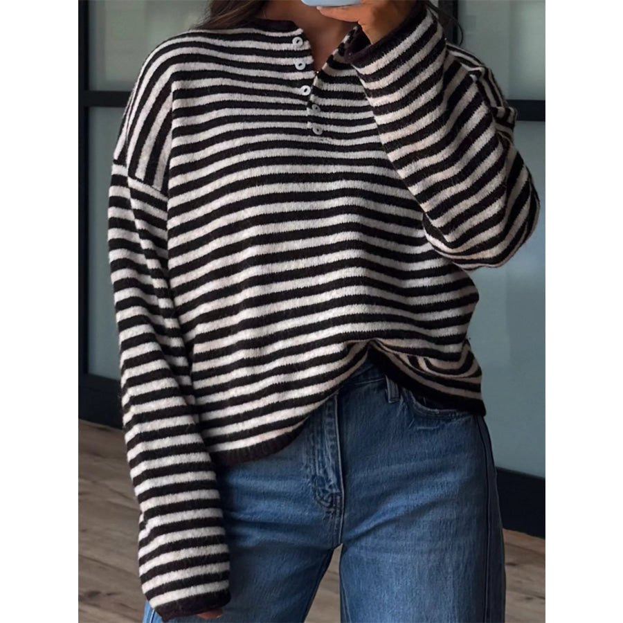 Button Detail Dropped Shoulder Striped Sweater Apparel and Accessories