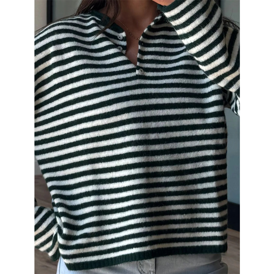 Button Detail Dropped Shoulder Striped Sweater Apparel and Accessories
