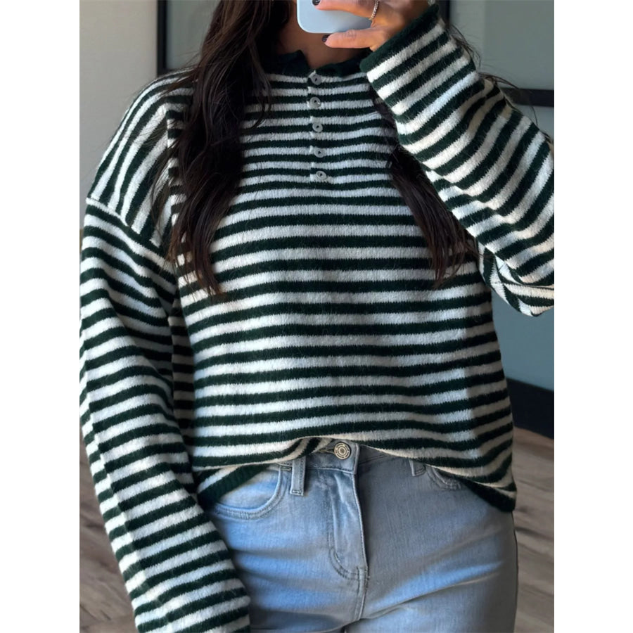 Button Detail Dropped Shoulder Striped Sweater Apparel and Accessories