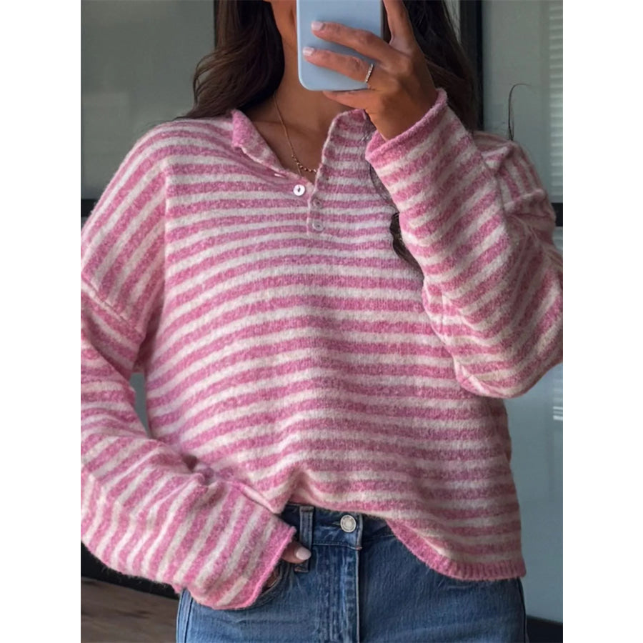Button Detail Dropped Shoulder Striped Sweater Apparel and Accessories