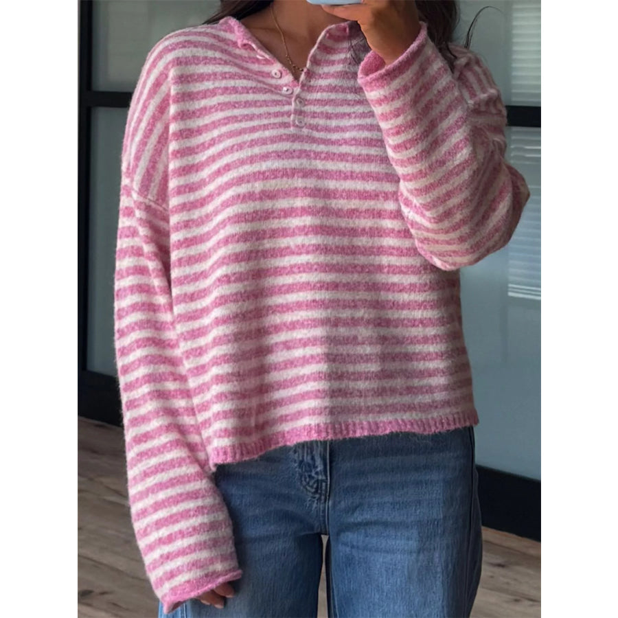 Button Detail Dropped Shoulder Striped Sweater Apparel and Accessories