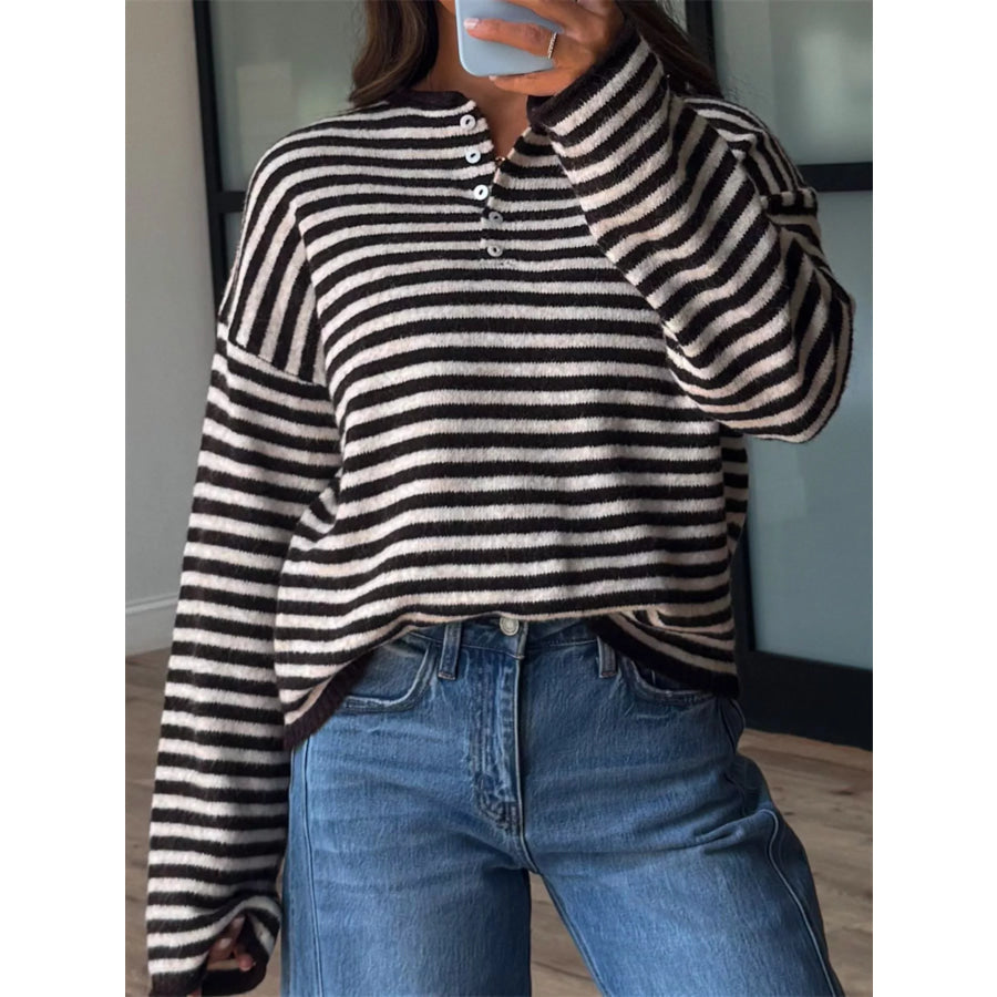 Button Detail Dropped Shoulder Striped Sweater Black / S Apparel and Accessories