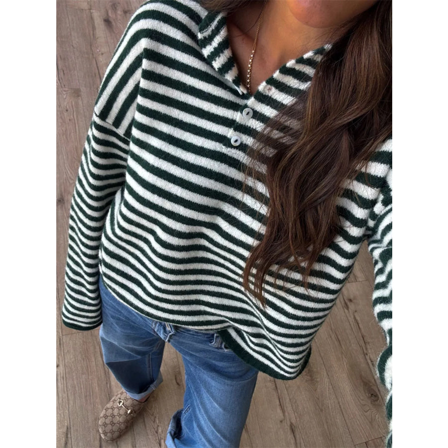 Button Detail Dropped Shoulder Striped Sweater Green / S Apparel and Accessories