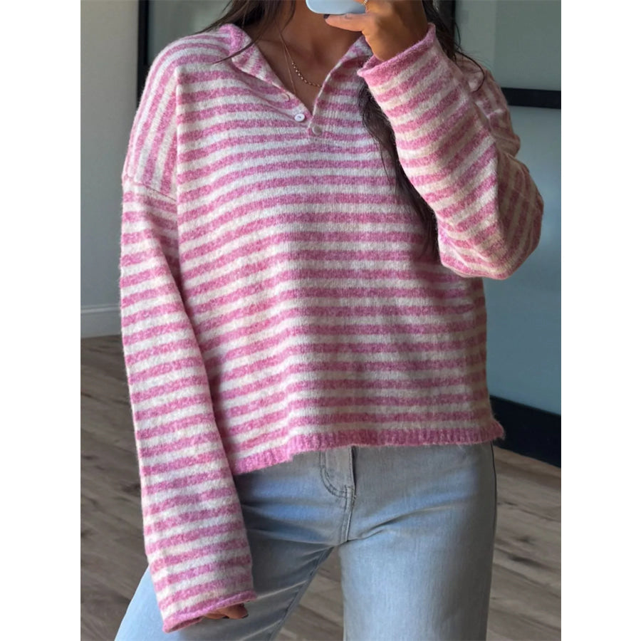 Button Detail Dropped Shoulder Striped Sweater Pink / S Apparel and Accessories