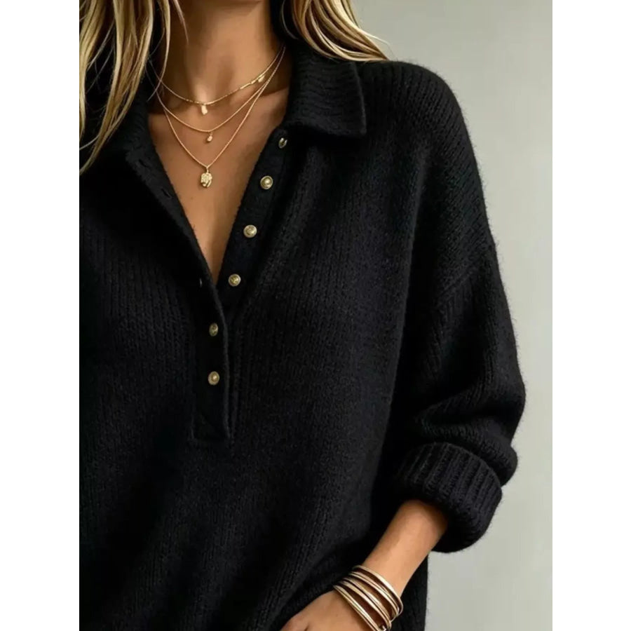 Button Detail Dropped Shoulder Sweater Apparel and Accessories