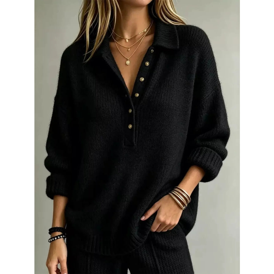 Button Detail Dropped Shoulder Sweater Black / S Apparel and Accessories