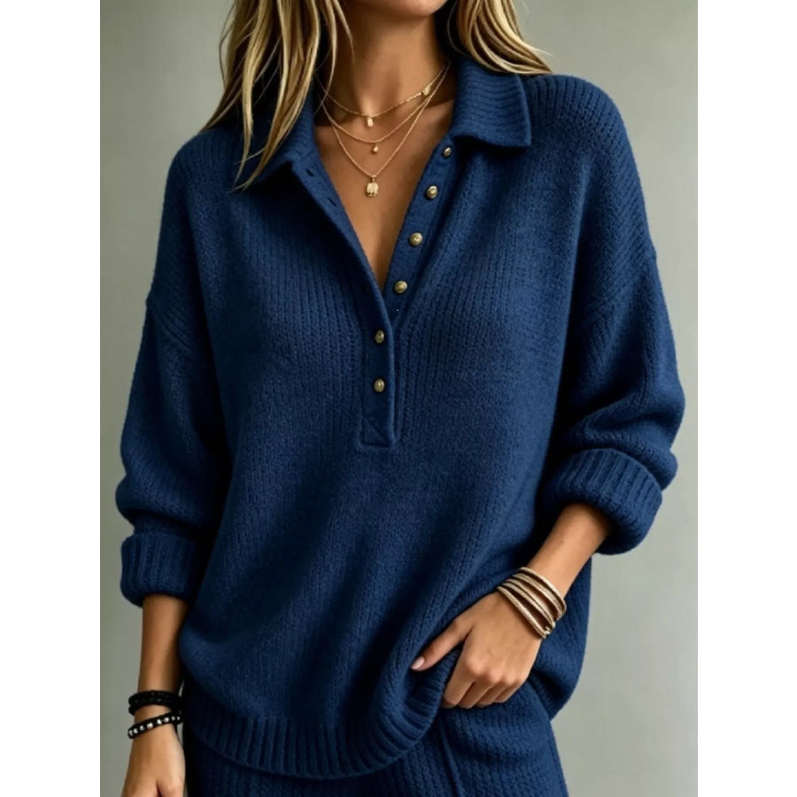 Button Detail Dropped Shoulder Sweater Blue / S Apparel and Accessories