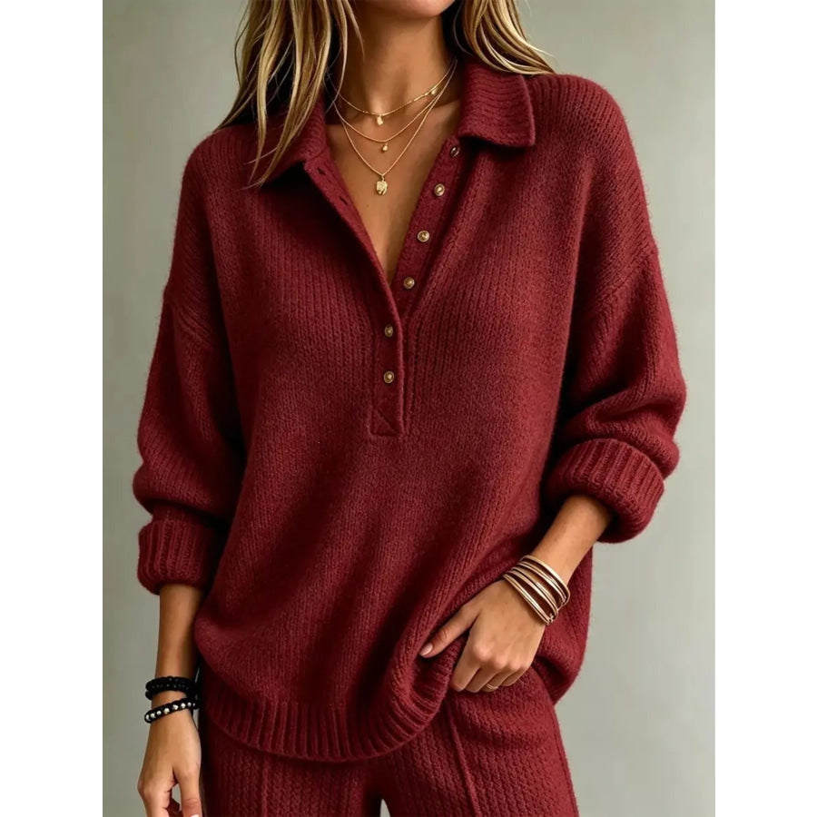 Button Detail Dropped Shoulder Sweater Red / S Apparel and Accessories