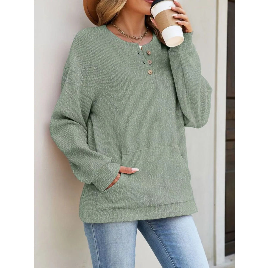 Button Detail Dropped Shoulder Sweatshirt Apparel and Accessories