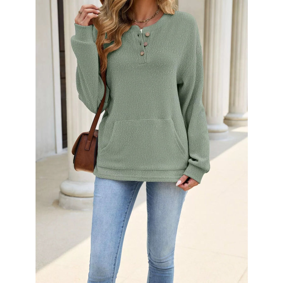 Button Detail Dropped Shoulder Sweatshirt Green / S Apparel and Accessories