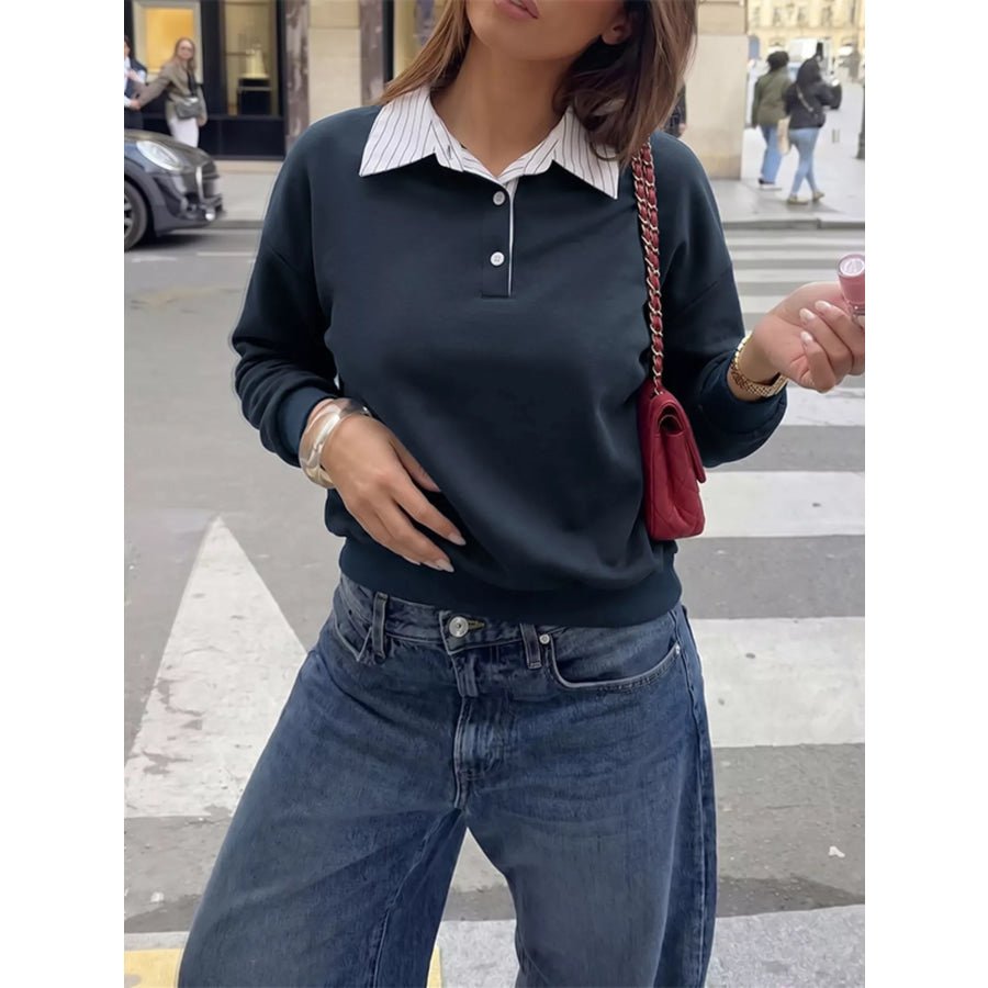 Button Detail Dropped Shoulder Sweatshirt Navy / S Apparel and Accessories