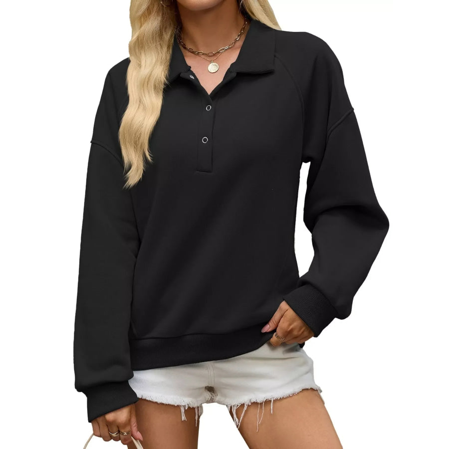 Button Detail Dropped Shoulder Sweatshirt Black / S Apparel and Accessories