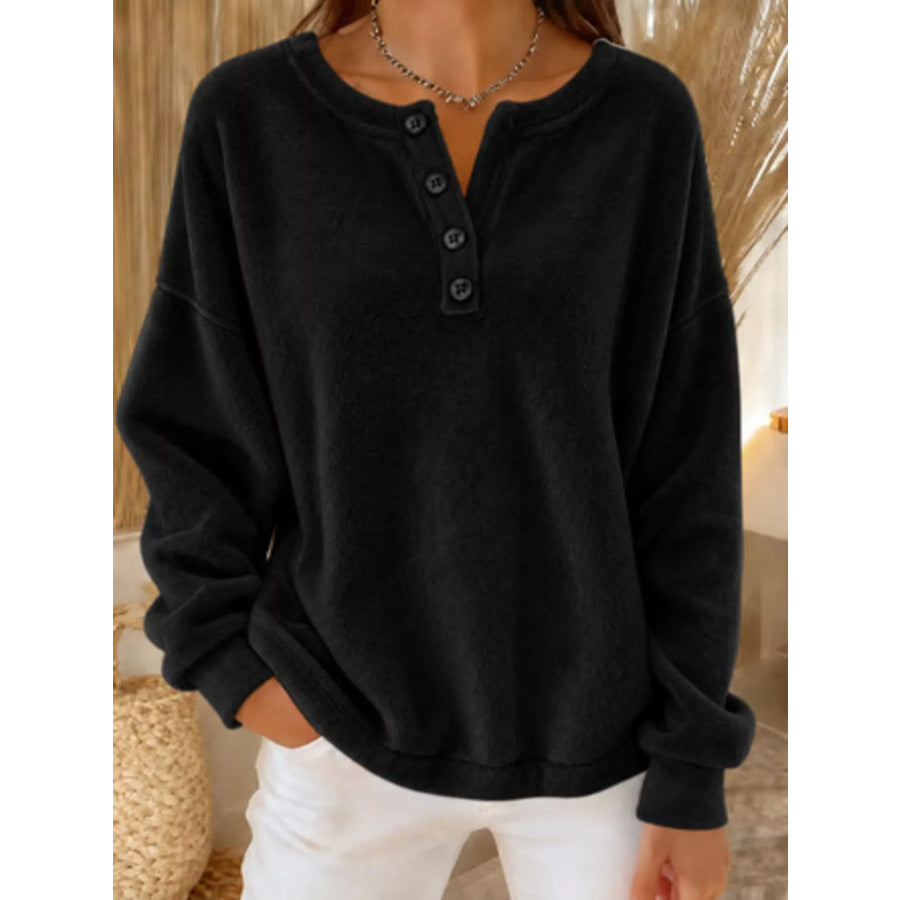 Button Detail Dropped Shoulder Sweatshirt Black / S Apparel and Accessories