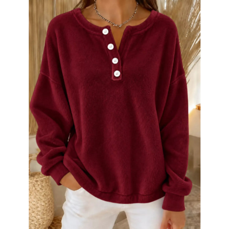 Button Detail Dropped Shoulder Sweatshirt Burgundy / S Apparel and Accessories