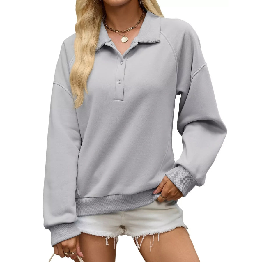Button Detail Dropped Shoulder Sweatshirt Gray / S Apparel and Accessories
