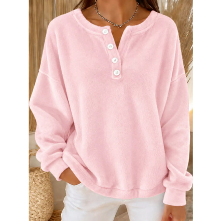 Button Detail Dropped Shoulder Sweatshirt Pink / S Apparel and Accessories