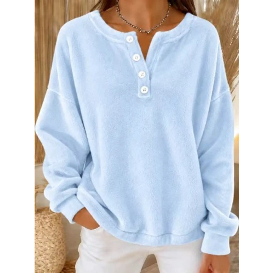 Button Detail Dropped Shoulder Sweatshirt Sky Blue / S Apparel and Accessories