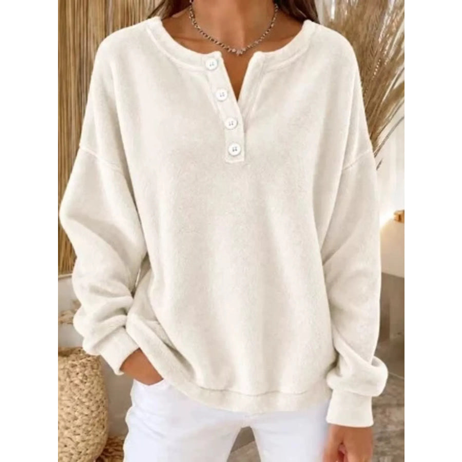 Button Detail Dropped Shoulder Sweatshirt White / S Apparel and Accessories