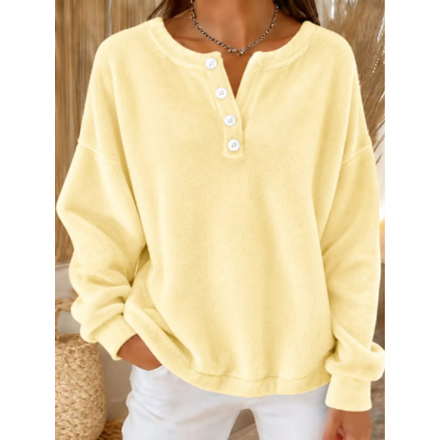 Button Detail Dropped Shoulder Sweatshirt Yellow / S Apparel and Accessories