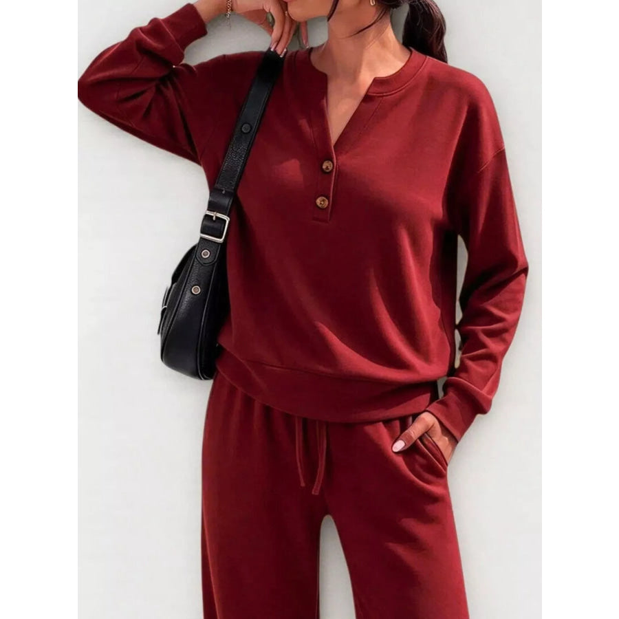 Button Detail Dropped Shoulder Top and Pants Set Apparel Accessories
