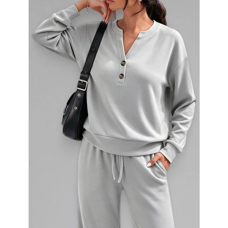 Button Detail Dropped Shoulder Top and Pants Set Apparel Accessories